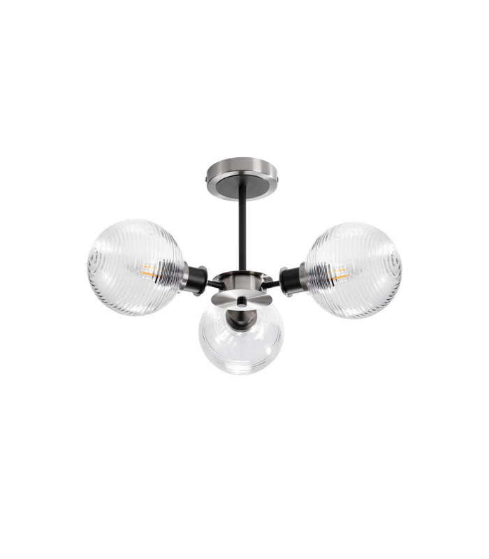Plattsburgh Semi Ceiling 3 Light E14 IP44 15cm Round Ribbed Glass Shade Satin Nickel Clear & Satin Black-4