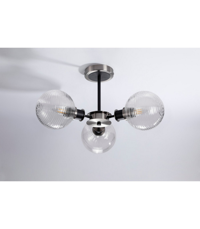 Plattsburgh Semi Ceiling 3 Light E14 IP44 15cm Round Ribbed Glass Shade Satin Nickel Clear & Satin Black-8