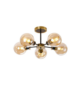 Plattsburgh Semi Ceiling 5 Light E14 IP44 15cm Round Glass Shade Brass Amber Plated & Satin Black-1