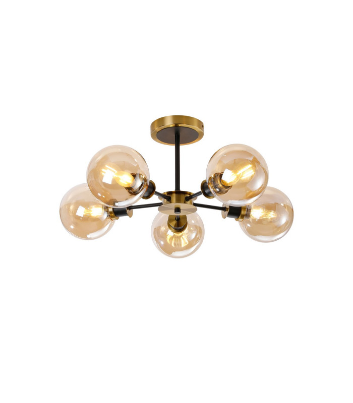 Plattsburgh Semi Ceiling 5 Light E14 IP44 15cm Round Glass Shade Brass Amber Plated & Satin Black-1