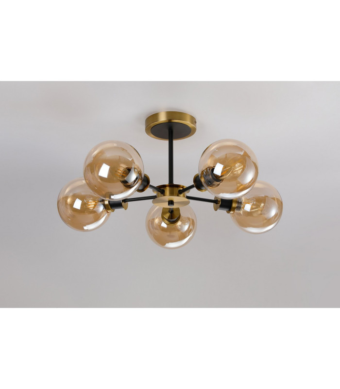 Plattsburgh Semi Ceiling 5 Light E14 IP44 15cm Round Glass Shade Brass Amber Plated & Satin Black-8