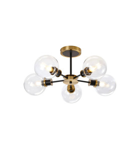 Plattsburgh Semi Ceiling 5 Light E14 IP44 15cm Round Glass Shade Brass Clear & Satin Black-1