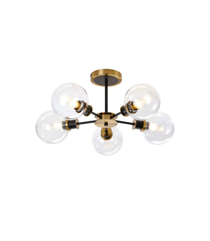 Plattsburgh Semi Ceiling 5 Light E14 IP44 15cm Round Glass Shade Brass Clear & Satin Black-1