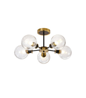 Plattsburgh Semi Ceiling 5 Light E14 IP44 15cm Round Crackled Glass Shade Brass Clear & Satin Black-1