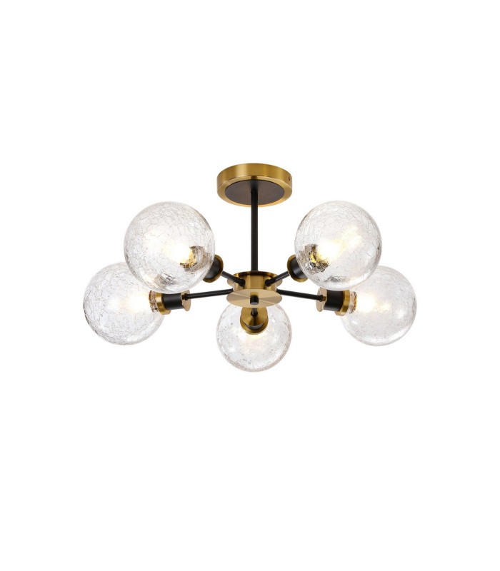 Plattsburgh Semi Ceiling 5 Light E14 IP44 15cm Round Crackled Glass Shade Brass Clear & Satin Black-1