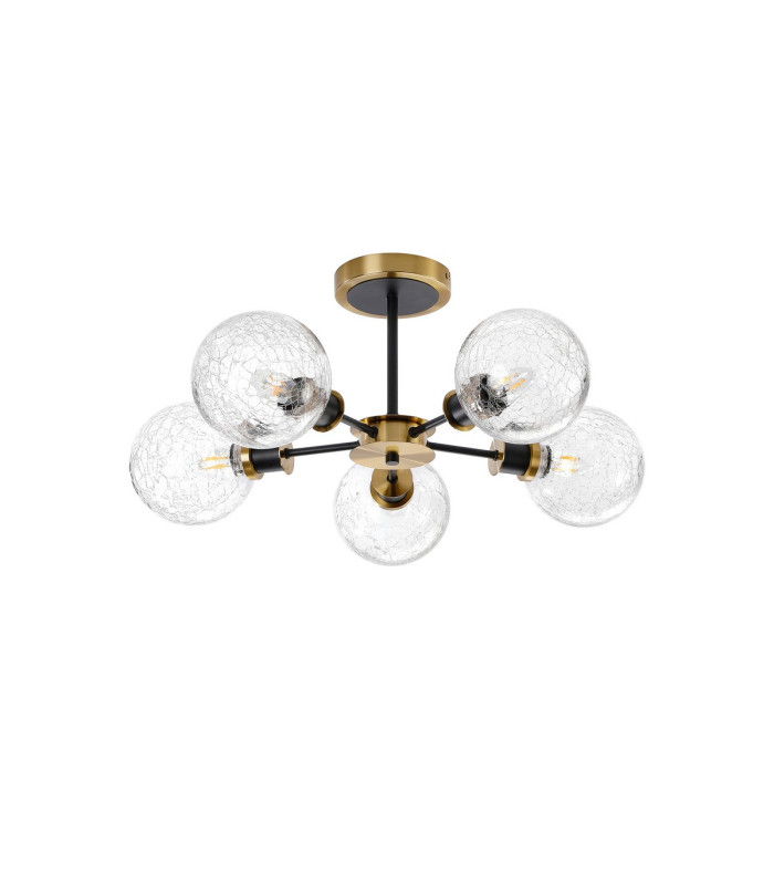 Plattsburgh Semi Ceiling 5 Light E14 IP44 15cm Round Crackled Glass Shade Brass Clear & Satin Black-4