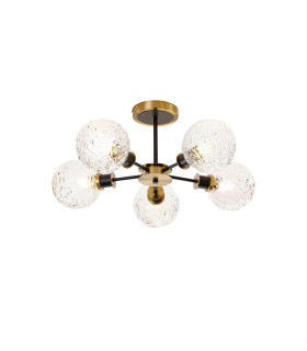 Plattsburgh Semi Ceiling 5 Light E14 IP44 15cm Round Textured Crumple Glass Shade Brass Clear & Satin Black-1