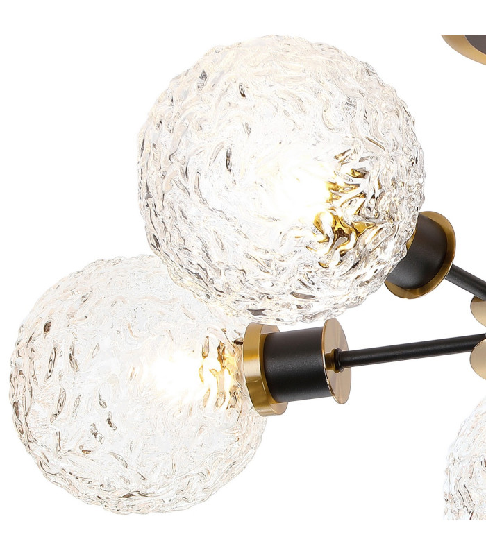 Plattsburgh Semi Ceiling 5 Light E14 IP44 15cm Round Textured Crumple Glass Shade Brass Clear & Satin Black-6
