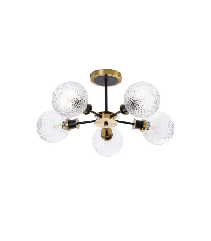 Plattsburgh Semi Ceiling 5 Light E14 IP44 15cm Round Textured Diamond Pattern Glass Shade Brass Clear & Satin Black-4