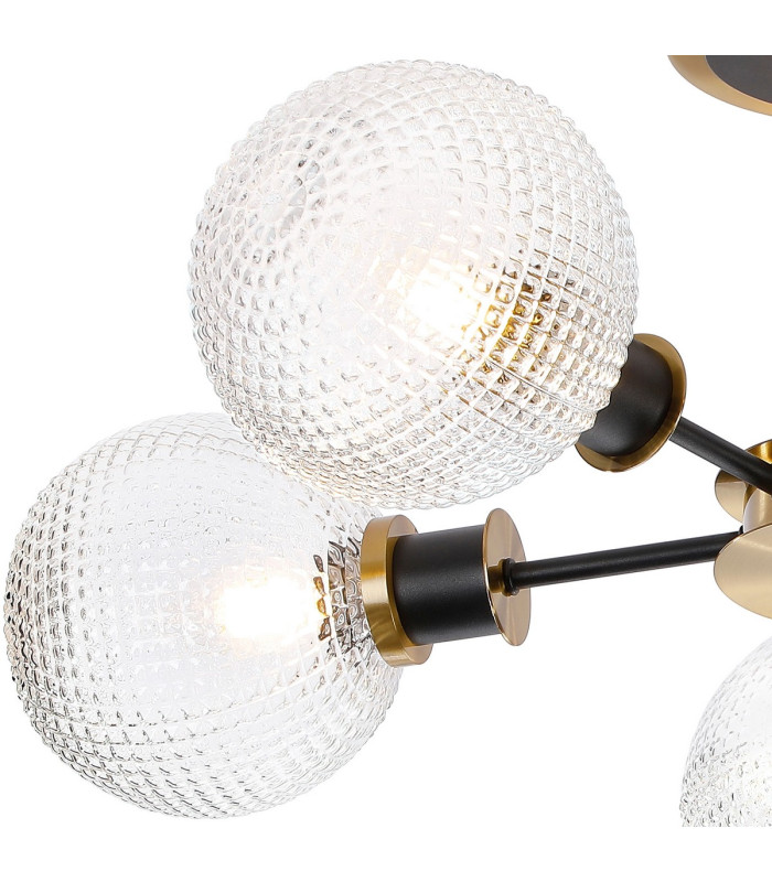 Plattsburgh Semi Ceiling 5 Light E14 IP44 15cm Round Textured Diamond Pattern Glass Shade Brass Clear & Satin Black-6