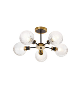 Plattsburgh Semi Ceiling 5 Light E14 IP44 15cm Round Dimpled Glass Shade Brass Clear & Satin Black-1