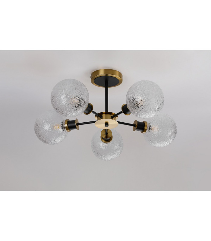 Plattsburgh Semi Ceiling 5 Light E14 IP44 15cm Round Dimpled Glass Shade Brass Clear & Satin Black-8