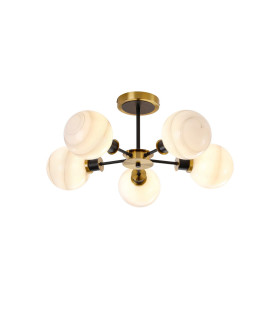 Plattsburgh Semi Ceiling 5 Light E14 IP44 15cm Round White & Grey Marble Effect Glass Shade Brass & Satin Black Framework-1