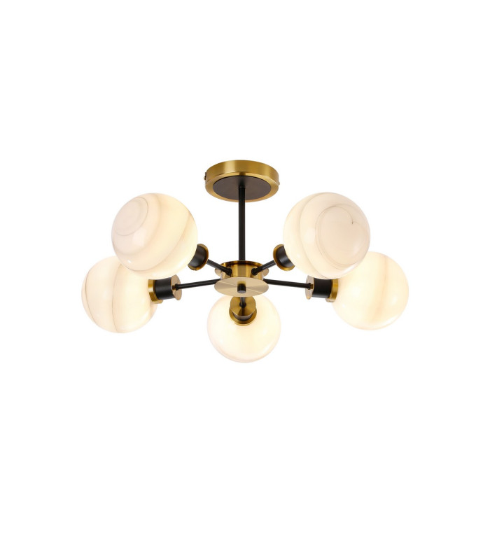 Plattsburgh Semi Ceiling 5 Light E14 IP44 15cm Round White & Grey Marble Effect Glass Shade Brass & Satin Black Framework-1