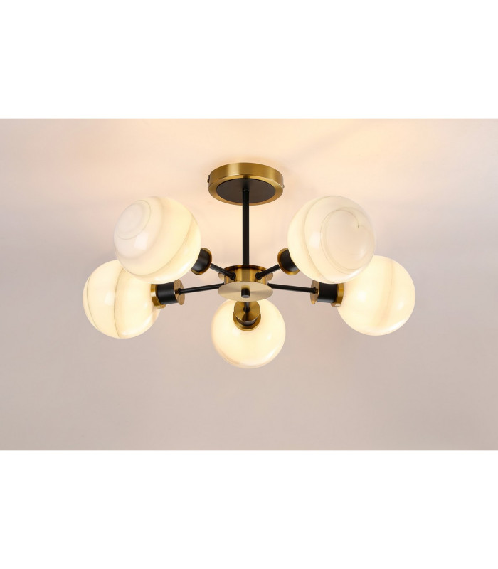 Plattsburgh Semi Ceiling 5 Light E14 IP44 15cm Round White & Grey Marble Effect Glass Shade Brass & Satin Black Framework-3