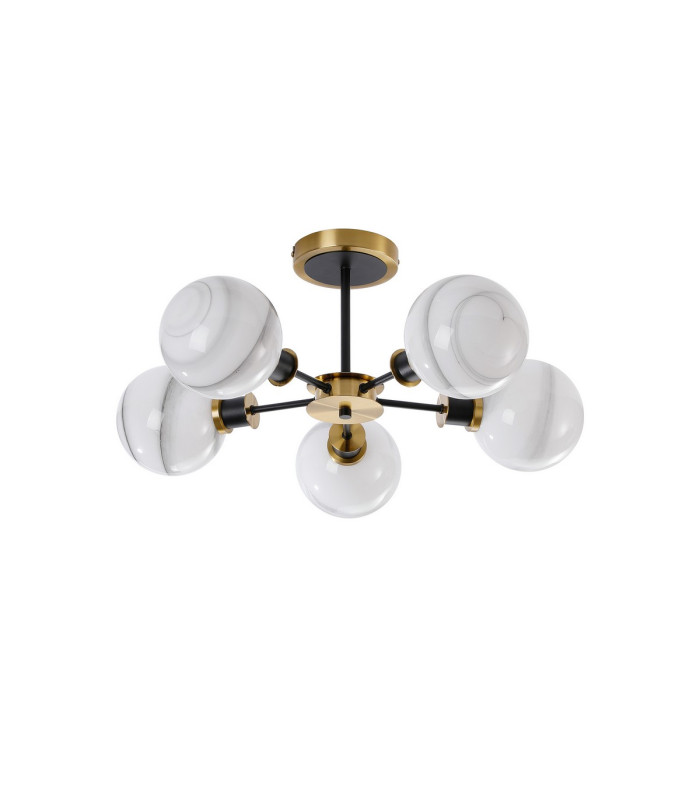 Plattsburgh Semi Ceiling 5 Light E14 IP44 15cm Round White & Grey Marble Effect Glass Shade Brass & Satin Black Framework-4