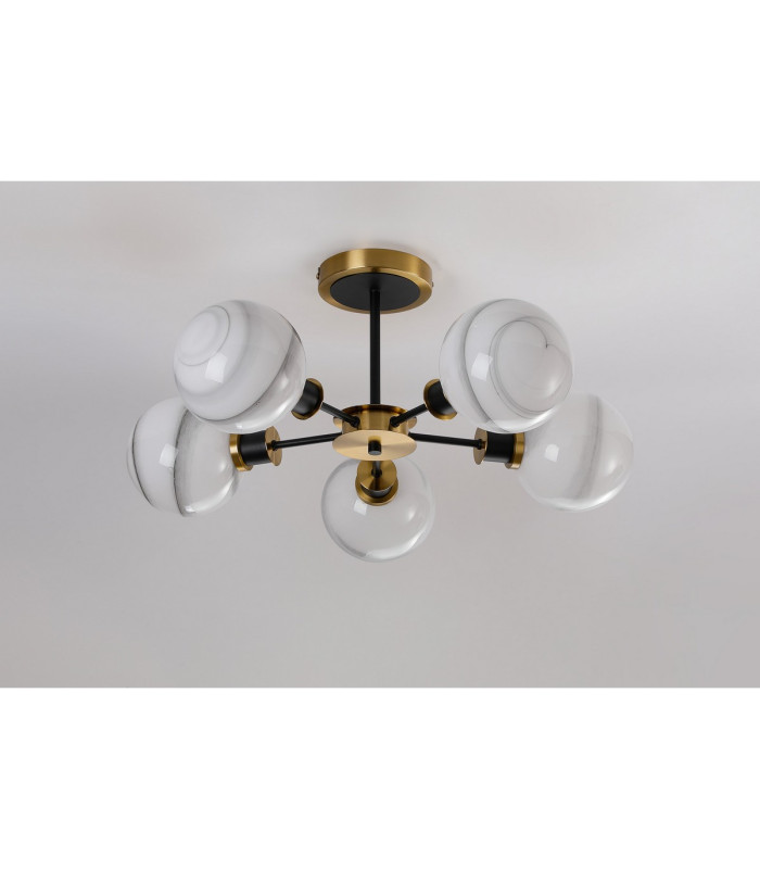 Plattsburgh Semi Ceiling 5 Light E14 IP44 15cm Round White & Grey Marble Effect Glass Shade Brass & Satin Black Framework-8