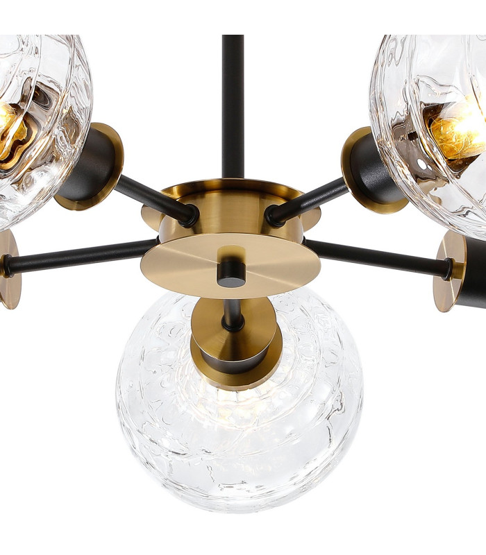 Plattsburgh Semi Ceiling 5 Light E14 IP44 15cm Round Textured Melting Glass Shade Brass Clear & Satin Black-6