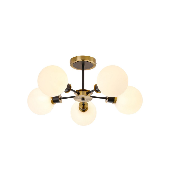 Plattsburgh Semi Ceiling 5 Light E14 IP44 15cm Round Glass Shade Brass Opal & Satin Black-1