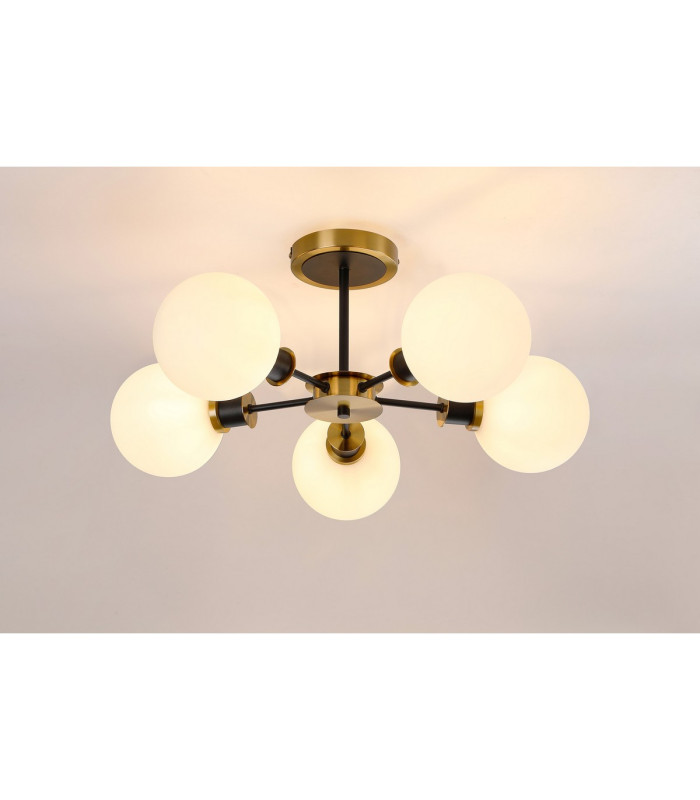 Plattsburgh Semi Ceiling 5 Light E14 IP44 15cm Round Glass Shade Brass Opal & Satin Black-3