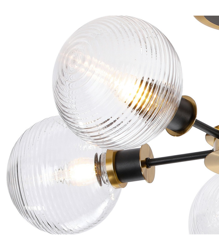 Plattsburgh Semi Ceiling 5 Light E14 IP44 15cm Round Ribbed Glass Shade Brass Clear & Satin Black-6