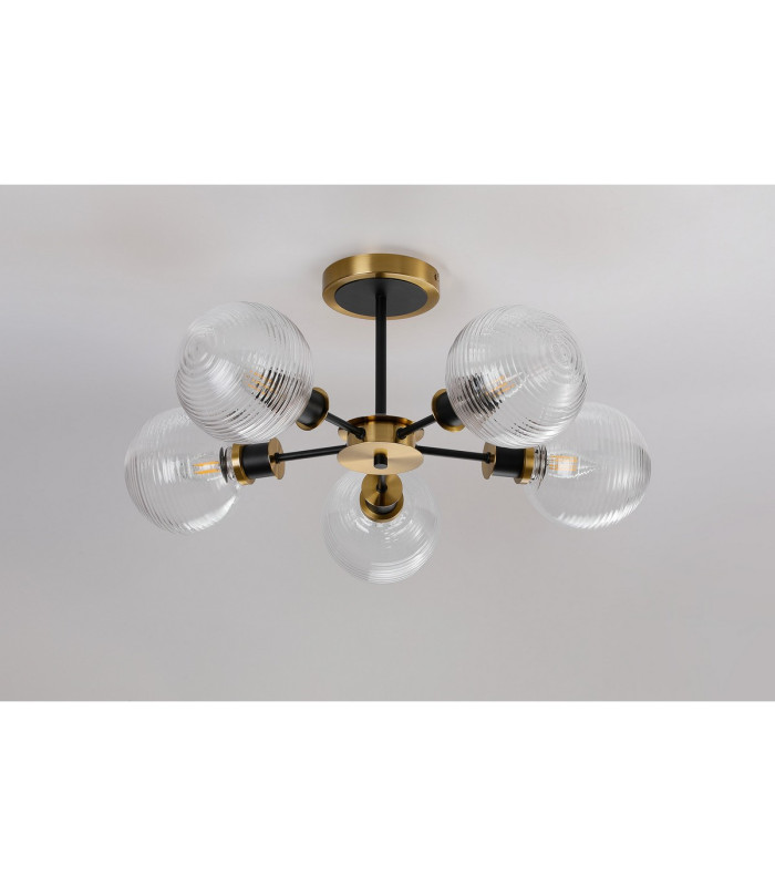 Plattsburgh Semi Ceiling 5 Light E14 IP44 15cm Round Ribbed Glass Shade Brass Clear & Satin Black-8