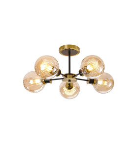 Plattsburgh Semi Ceiling 5 Light E14 IP44 15cm Round Segment Glass Shade Brass Amber Plated & Satin Black-1
