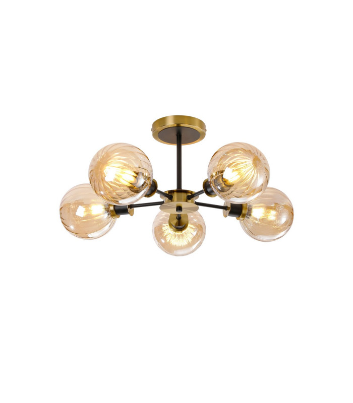 Plattsburgh Semi Ceiling 5 Light E14 IP44 15cm Round Segment Glass Shade Brass Amber Plated & Satin Black-1