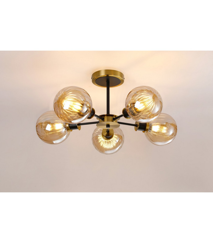 Plattsburgh Semi Ceiling 5 Light E14 IP44 15cm Round Segment Glass Shade Brass Amber Plated & Satin Black-3