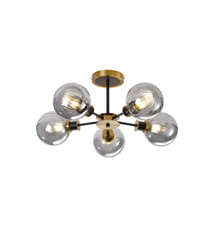 Plattsburgh Semi Ceiling 5 Light E14 IP44 15cm Round Segment Glass Shade Brass Smoke Plated & Satin Black-1