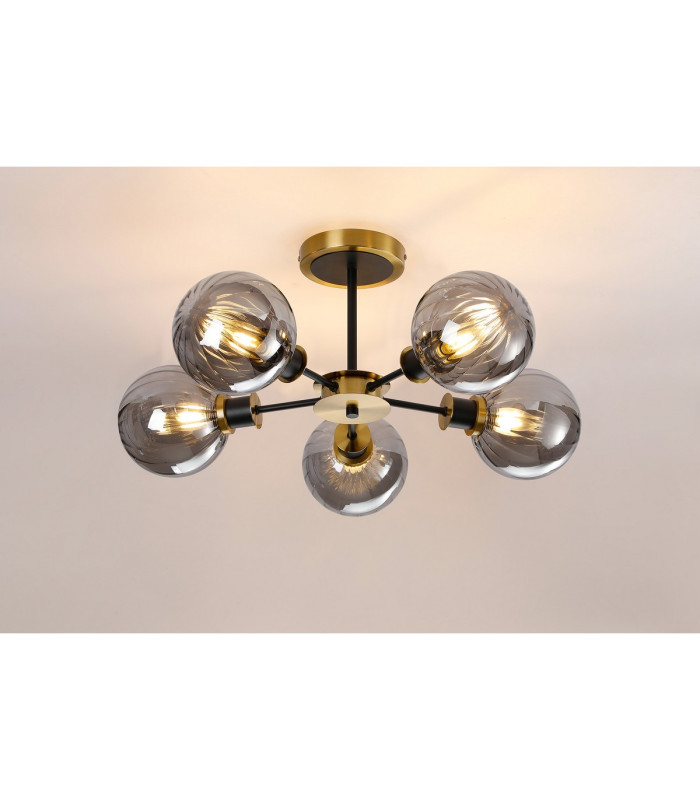 Plattsburgh Semi Ceiling 5 Light E14 IP44 15cm Round Segment Glass Shade Brass Smoke Plated & Satin Black-3