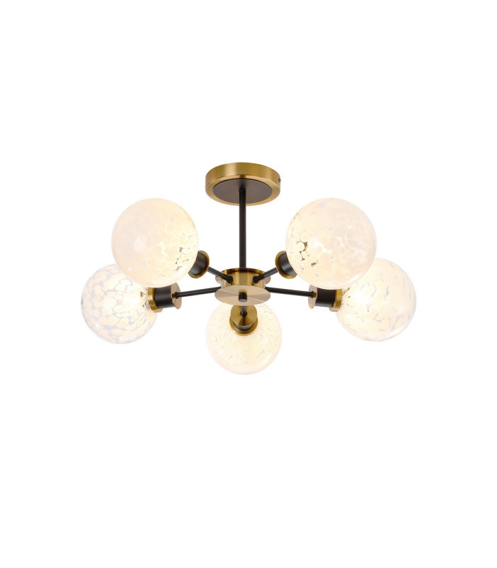 Plattsburgh Semi Ceiling 5 Light E14 IP44 15cm Round Speckled Glass Shade Brass White & Satin Black-1