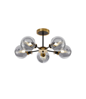 Plattsburgh Semi Ceiling 5 Light E14 IP44 15cm Round Textured Smooth/Ribbed Glass Shade Brass Smoke Plated & Satin Black-1