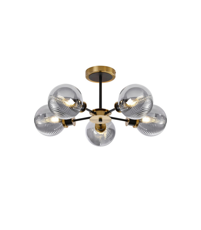 Plattsburgh Semi Ceiling 5 Light E14 IP44 15cm Round Textured Smooth/Ribbed Glass Shade Brass Smoke Plated & Satin Black-1