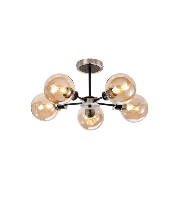 Plattsburgh Semi Ceiling 5 Light E14 IP44 15cm Round Glass Shade Satin Nickel Amber Plated & Satin Black-1