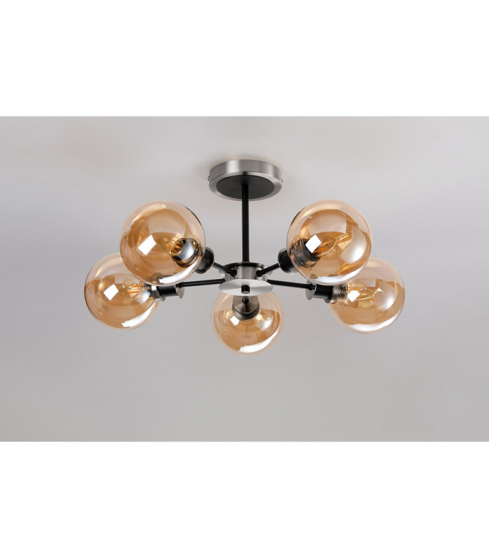 Plattsburgh Semi Ceiling 5 Light E14 IP44 15cm Round Glass Shade Satin Nickel Amber Plated & Satin Black-8