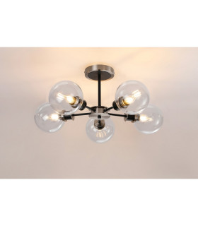 Plattsburgh Semi Ceiling 5 Light E14 IP44 15cm Round Glass Shade Satin Nickel Clear & Satin Black-3