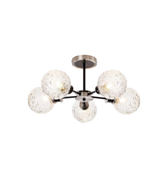 Plattsburgh Semi Ceiling 5 Light E14 IP44 15cm Round Textured Crumple Glass Shade Satin Nickel Clear & Satin Black-1