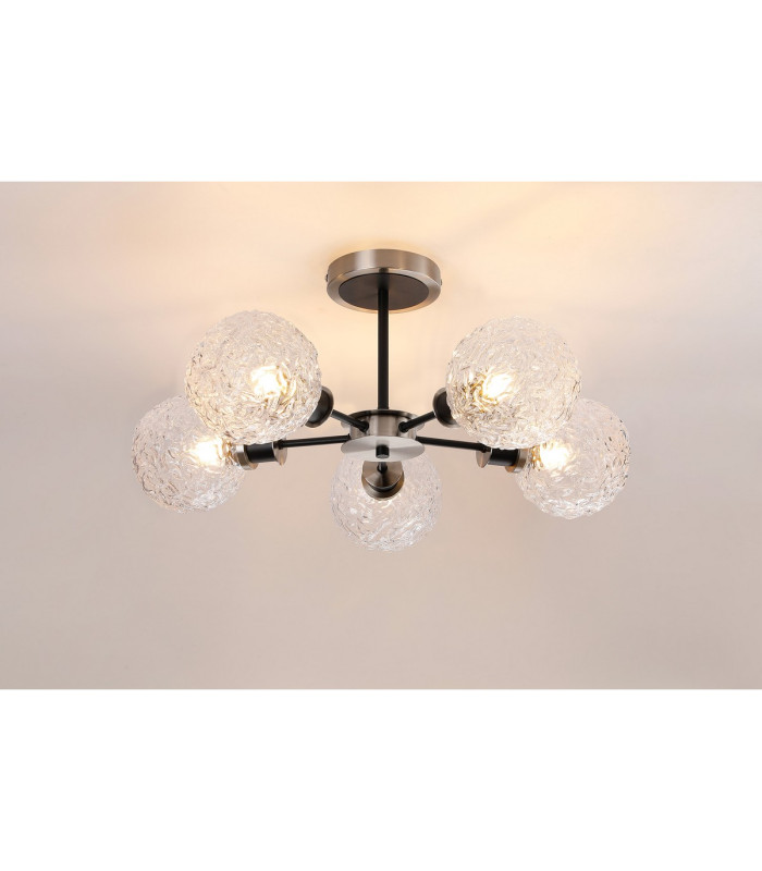 Plattsburgh Semi Ceiling 5 Light E14 IP44 15cm Round Textured Crumple Glass Shade Satin Nickel Clear & Satin Black-3
