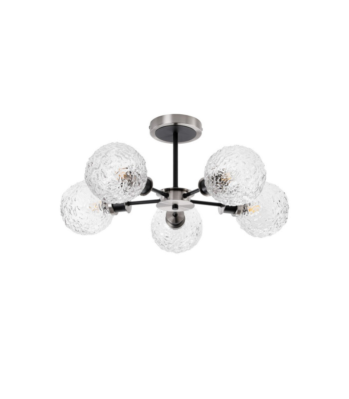 Plattsburgh Semi Ceiling 5 Light E14 IP44 15cm Round Textured Crumple Glass Shade Satin Nickel Clear & Satin Black-4