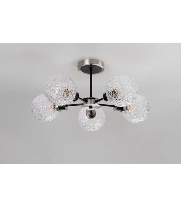 Plattsburgh Semi Ceiling 5 Light E14 IP44 15cm Round Textured Crumple Glass Shade Satin Nickel Clear & Satin Black-8