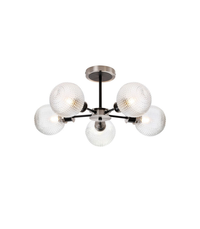Plattsburgh Semi Ceiling 5x E14 IP44 15cm Round Textured Diamond Pattern Glass Shade Satin Nickel Clear & Satin Black-1