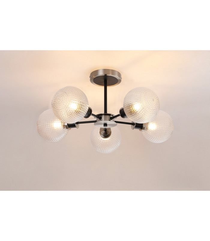 Plattsburgh Semi Ceiling 5x E14 IP44 15cm Round Textured Diamond Pattern Glass Shade Satin Nickel Clear & Satin Black-3