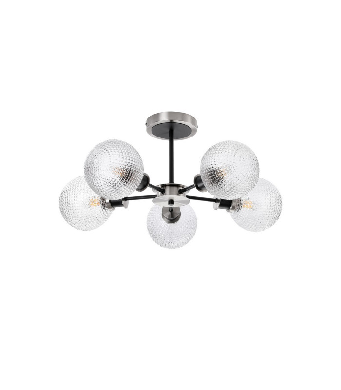 Plattsburgh Semi Ceiling 5x E14 IP44 15cm Round Textured Diamond Pattern Glass Shade Satin Nickel Clear & Satin Black-4