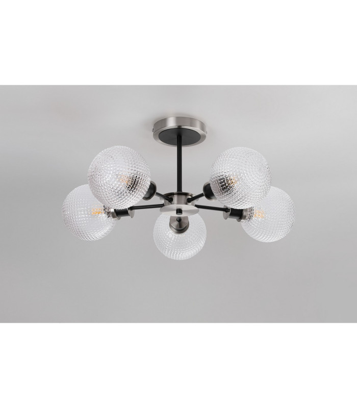 Plattsburgh Semi Ceiling 5x E14 IP44 15cm Round Textured Diamond Pattern Glass Shade Satin Nickel Clear & Satin Black-8