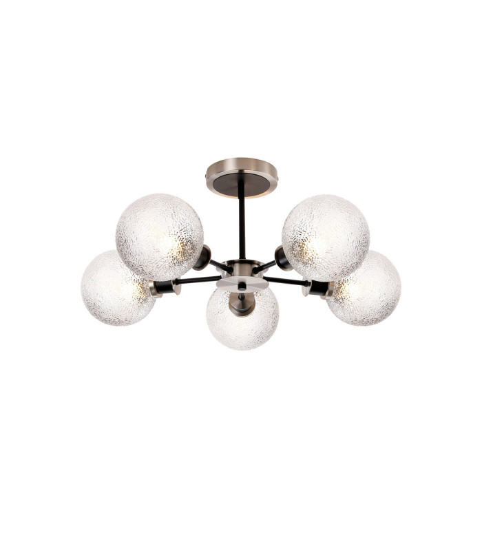 Plattsburgh Semi Ceiling 5 Light E14 IP44 15cm Round Dimpled Glass Shade Satin Nickel Clear & Satin Black-1