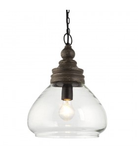 1 Light Ceiling Pendant Clear Glass & Taupe Grey Distressed Wood, E27 - 1