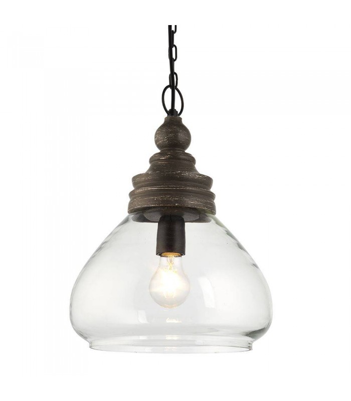 1 Light Ceiling Pendant Clear Glass & Taupe Grey Distressed Wood, E27 - 1