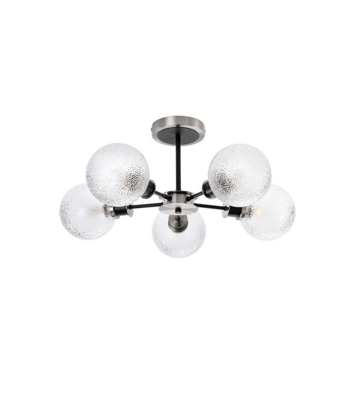 Plattsburgh Semi Ceiling 5 Light E14 IP44 15cm Round Dimpled Glass Shade Satin Nickel Clear & Satin Black-3