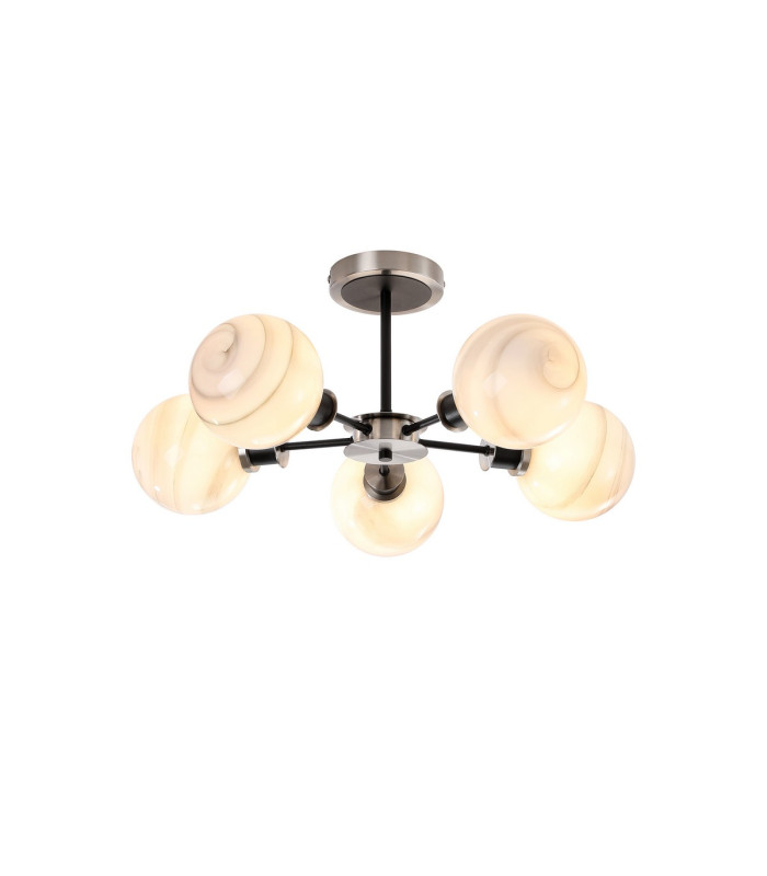 Plattsburgh Semi Ceiling 5x E14 IP44 15cm Round White & Grey Marble Effect Glass Shade Satin Nickel & Satin Black-1